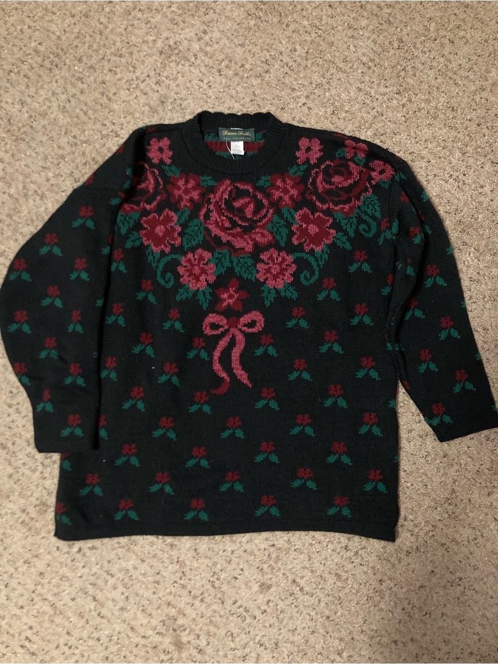 Vintage 90s Dana Scott rose floral & bow print pullover sweater fall collection